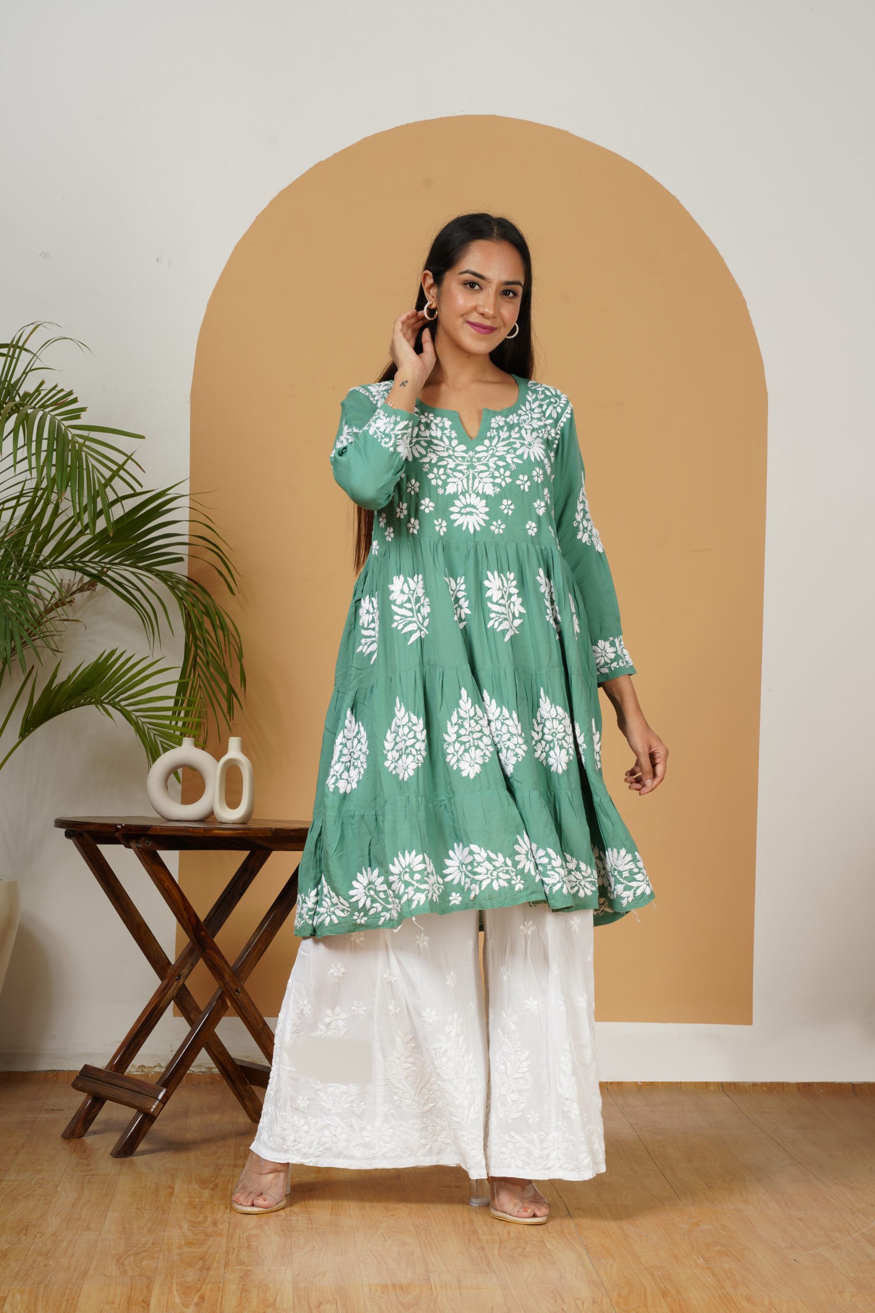 Buy Orange & White Gala Boti Lucknowi Chikankari Casual Cotton Kurti Online  at Kiko Clothing